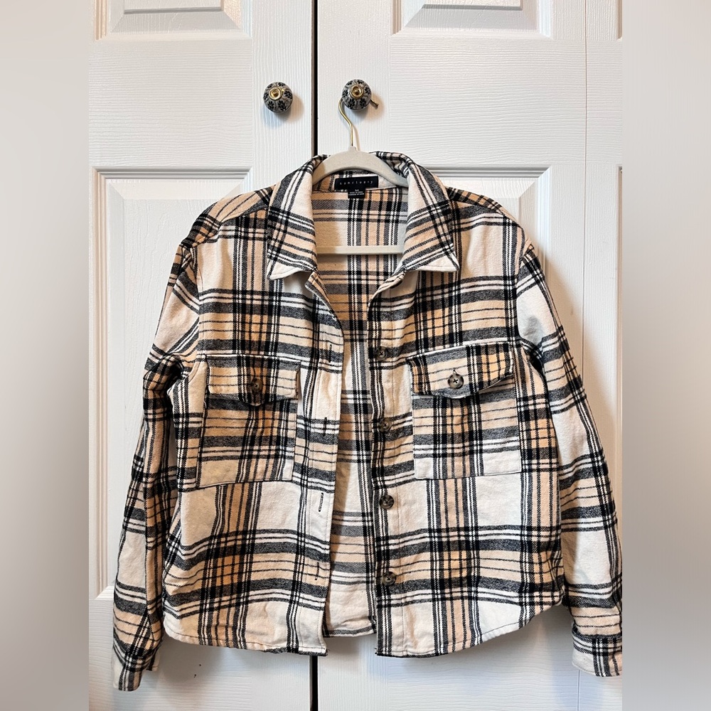 Sanctuary Neutral Plaid Flannel Button Shacket
